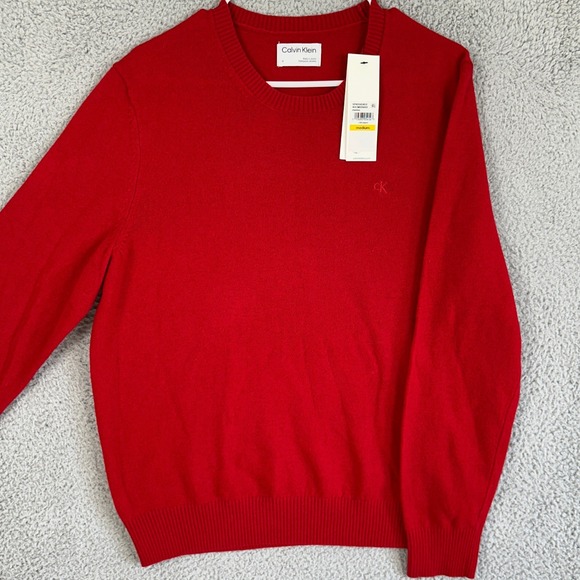 Calvin Klein Wool Sweater Crewneck Mens Medium Red Long Sleeve Pullover Knit NEW